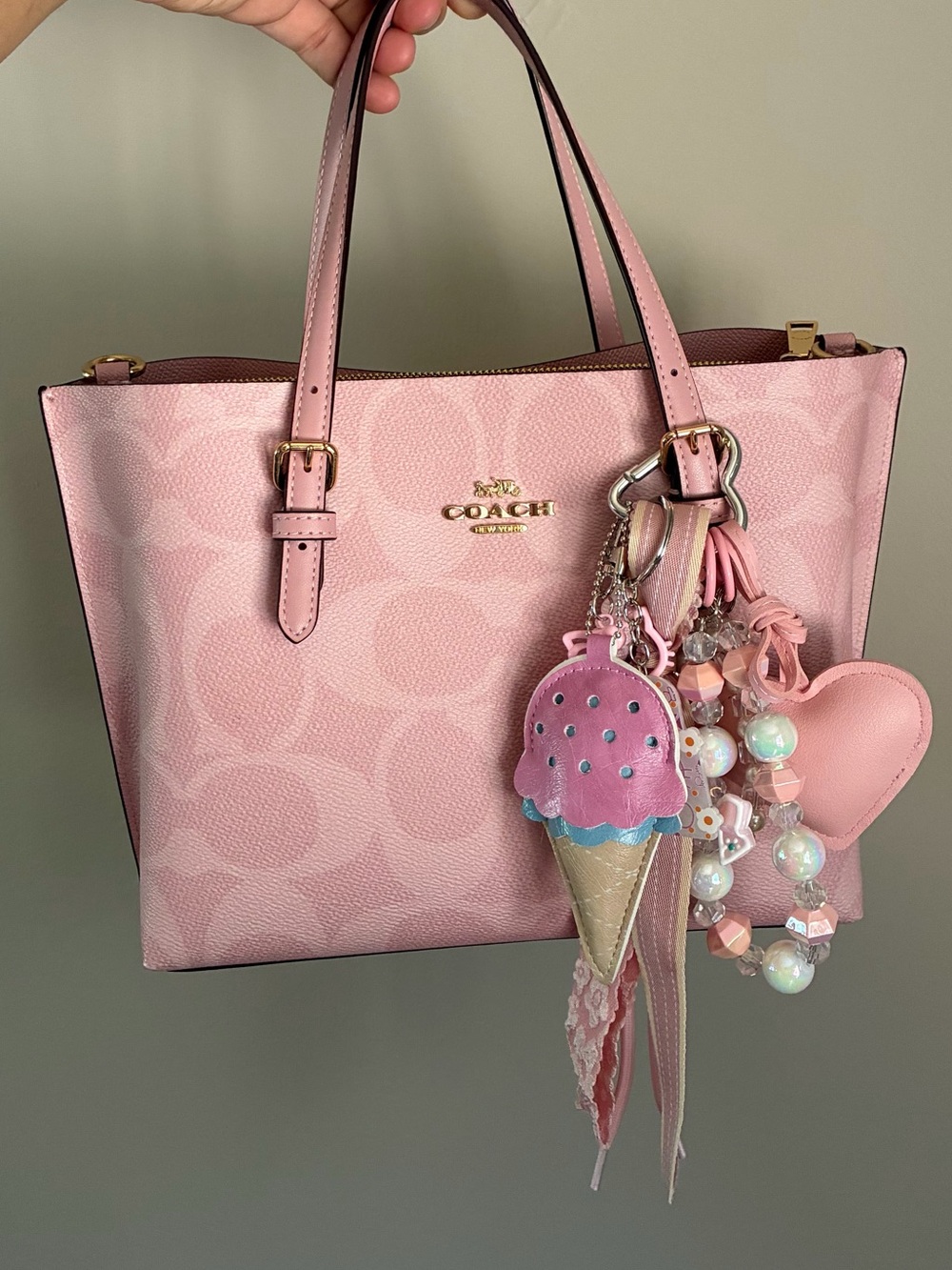 Pink Keychain with Ice cream Cone and Heart Charm Bag Charm